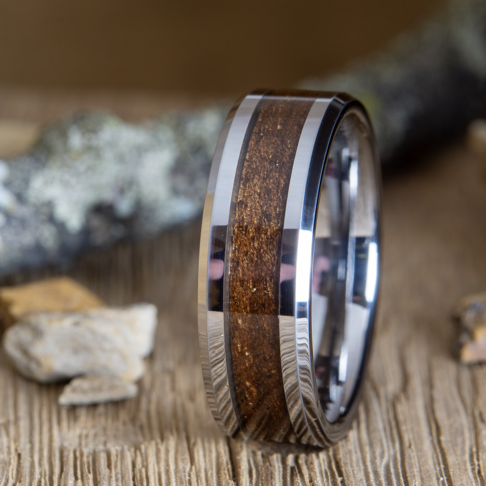tungsten ring with walnut wood inlay
