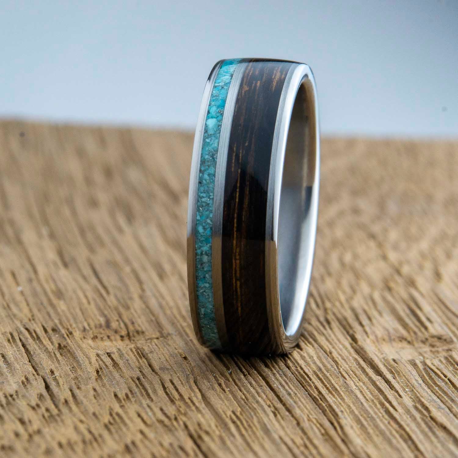 Whiskey barrel wood and turquoise inlay on titanium ring, custom made ring for men and women 