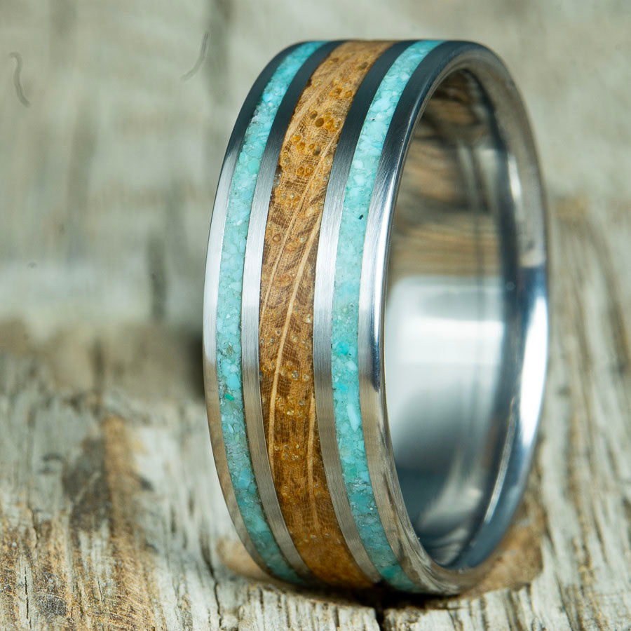 turquoise and whiskey barrel wedding band