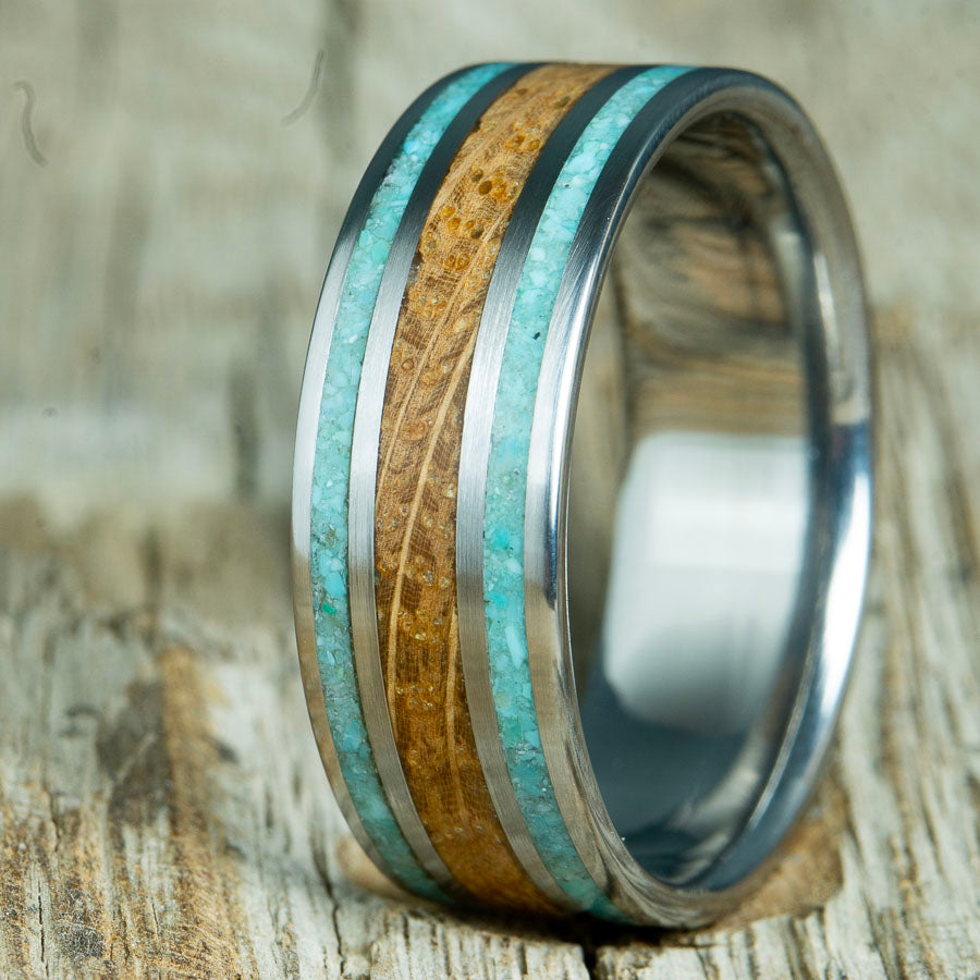 turquoise and whiskey barrel wedding band