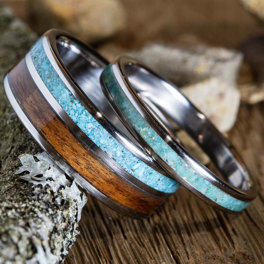 "Ocean's Allure" His and hers turquoise wedding rings set