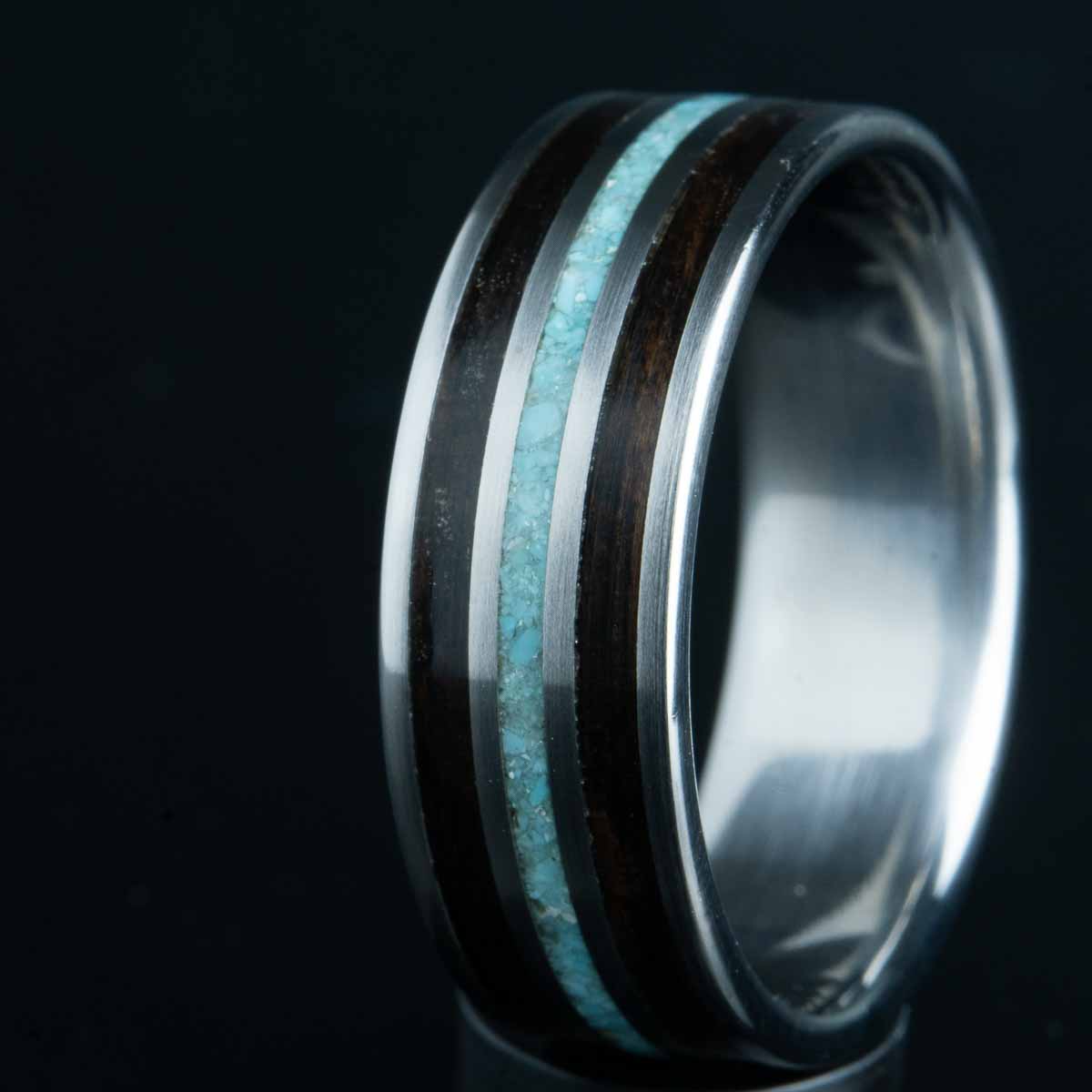 Turquoise ring with ebony wood inlay by Peacefield Titanium