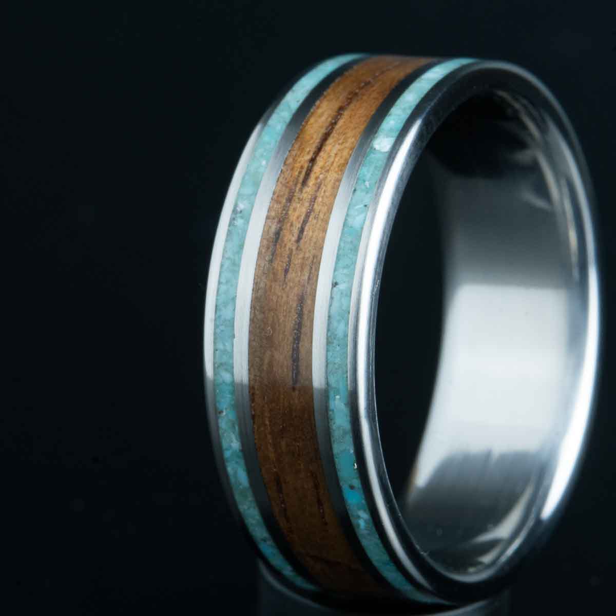 2 turquoise pinstripe inlay and koa wood ring