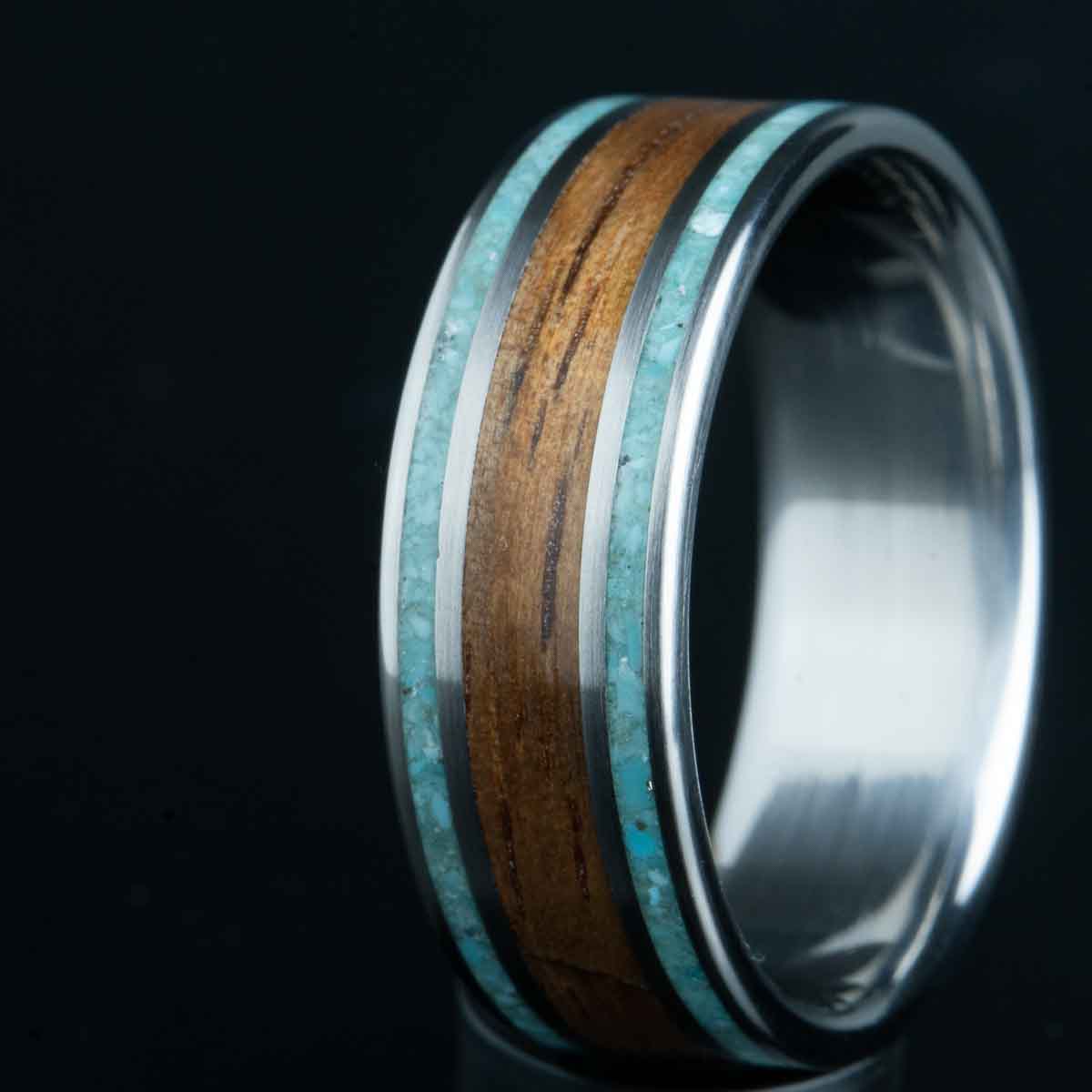 titanium ring with turquoise and koa wood inlays