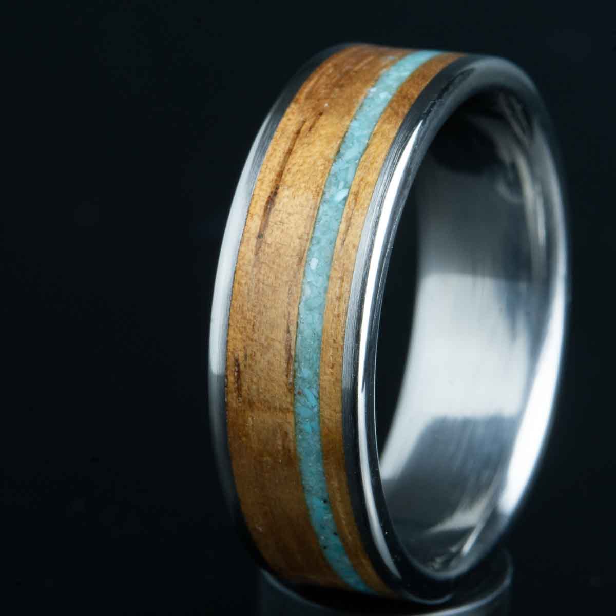 titanium with Turquoise pinstripe and Koa wood