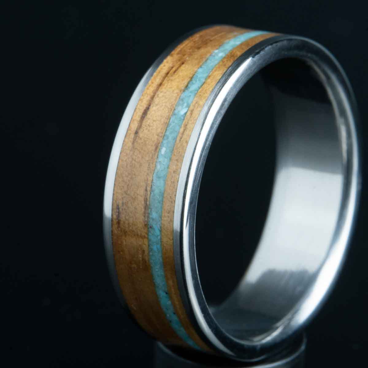 turquoise pinstripe ring with koa wood