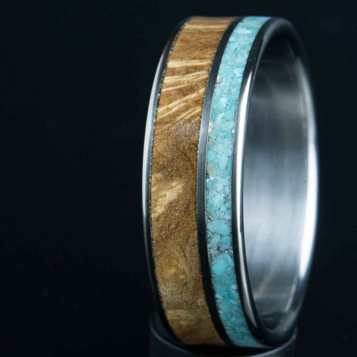 turquoise ring with burl wood inlay