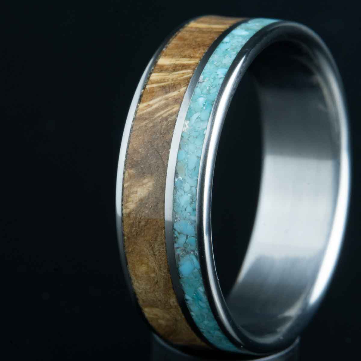 titanium ring with turquoise and burl oak wood by Peacefield titanium