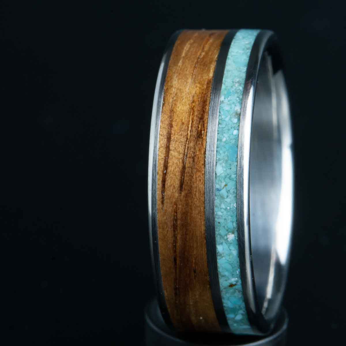 turquoise and koa wood inlay ring made by Peacefield Titanium