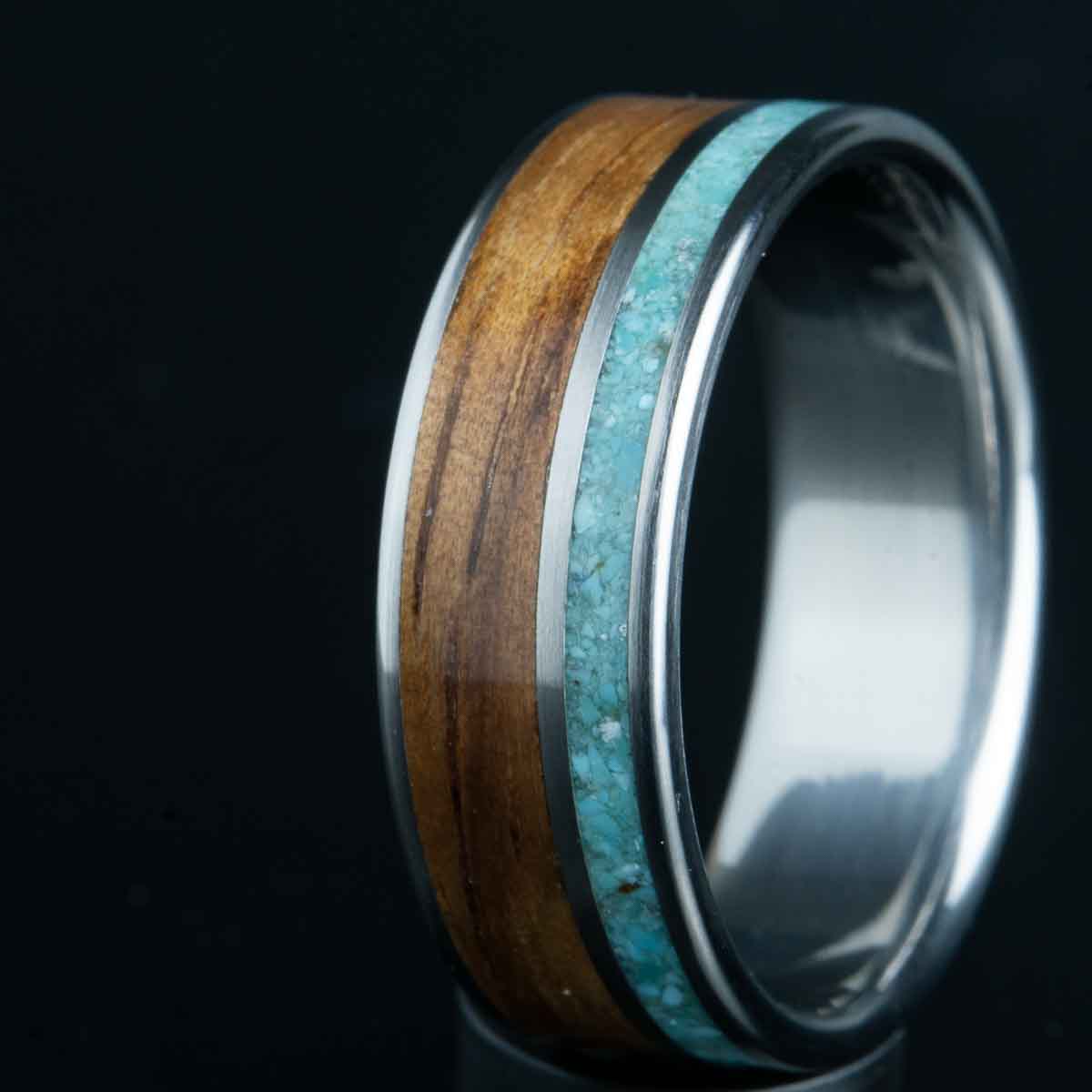 turquoise inlay ring with koa wood