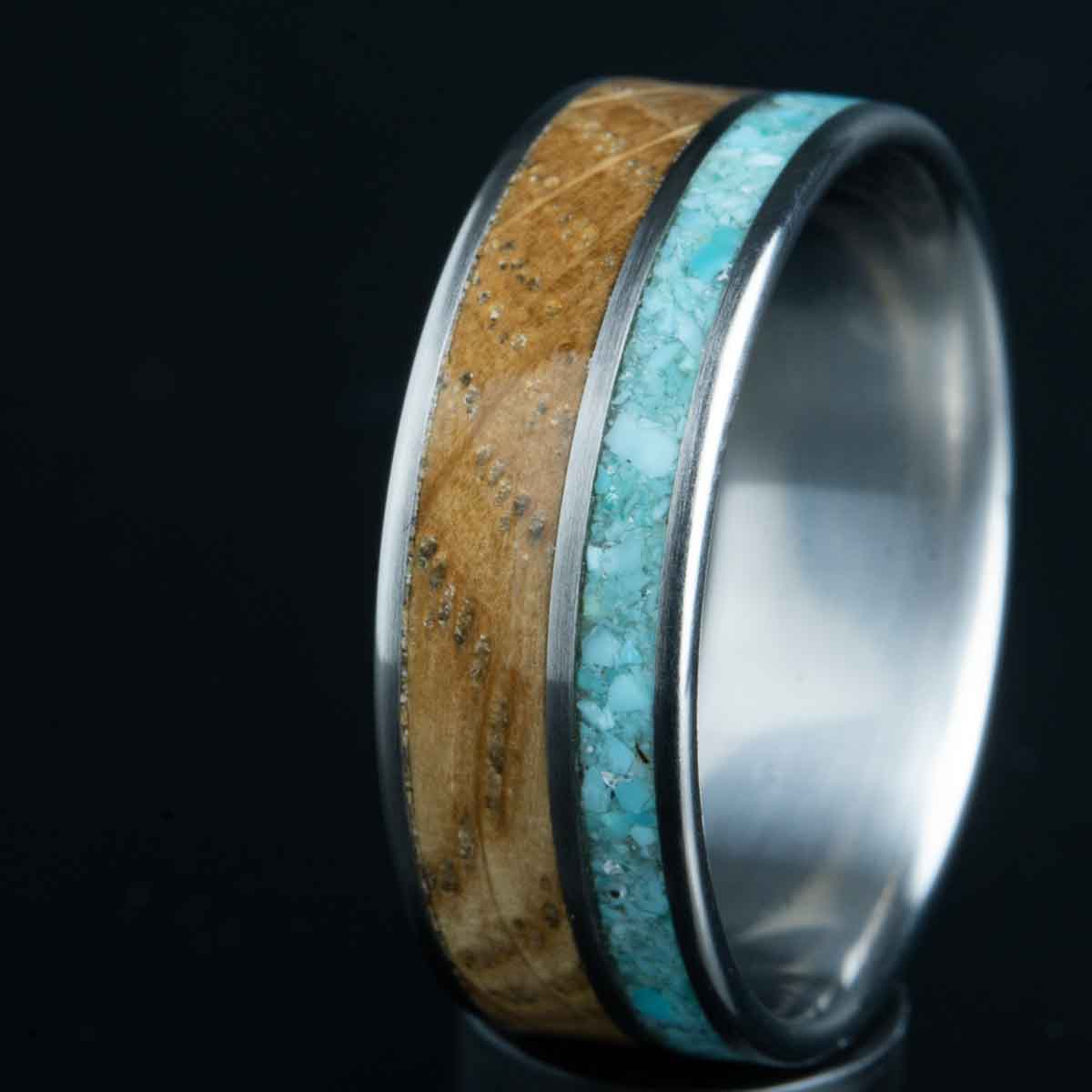 turquoise and whiskey barrel wedding ring by Peacefield Titanium