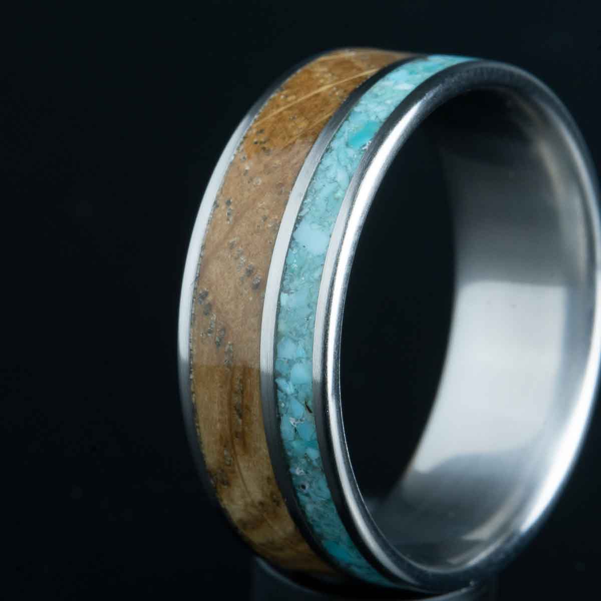 Titanium ring with turquoise and whiskey barrel wood ring