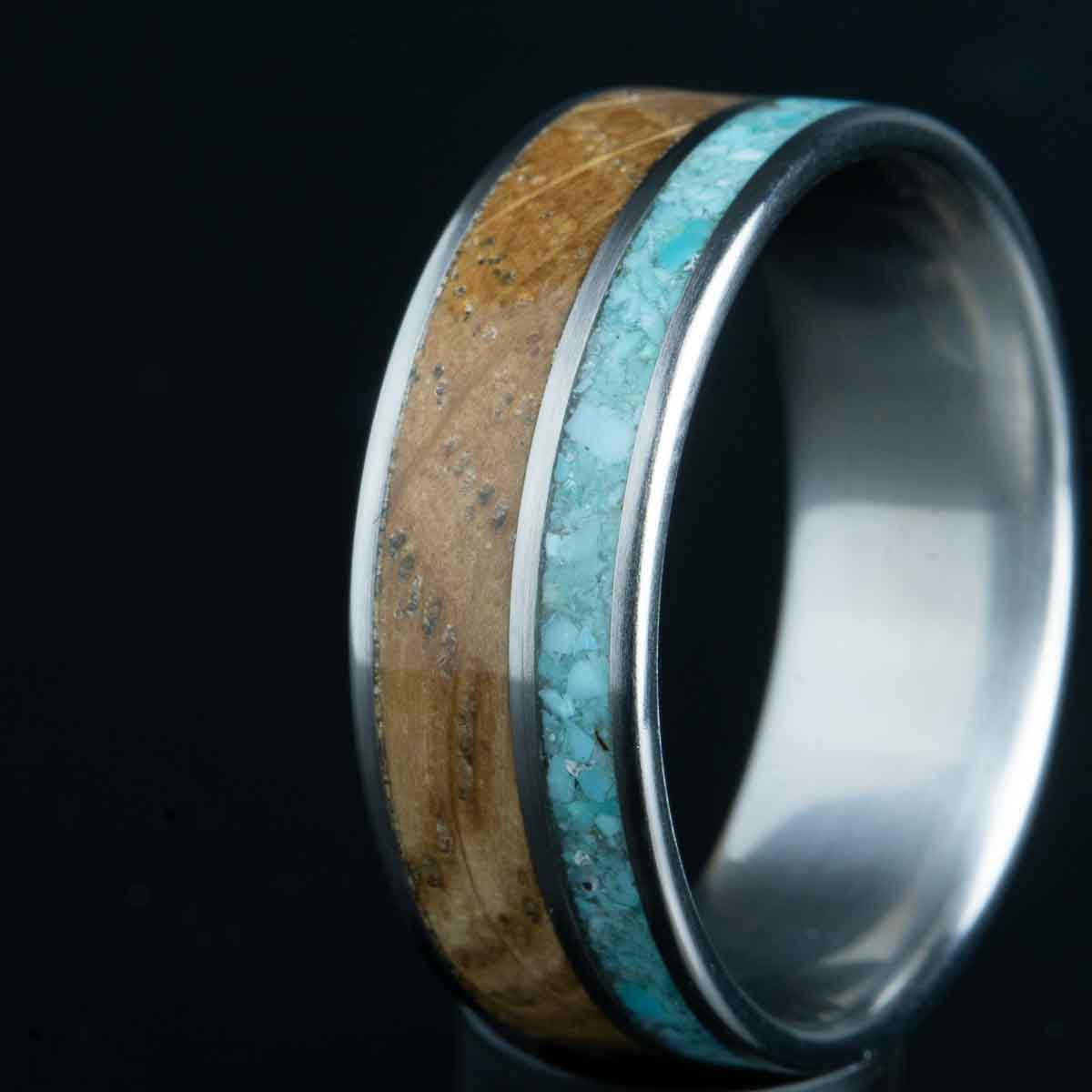 Titanium ring with turquoise and whiskey barrel wood ring