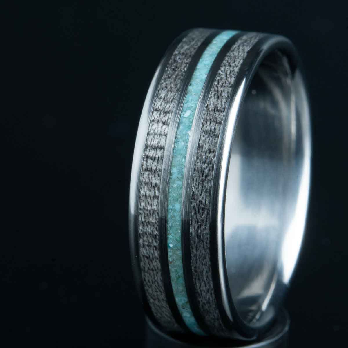 turquoise ring with grey barnwood by Peacefield Titanium