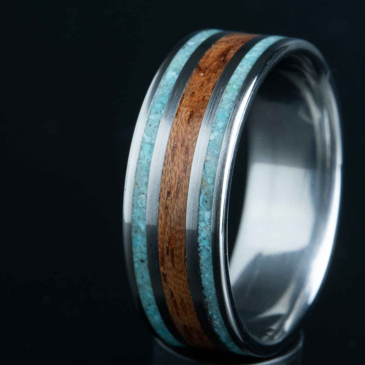 double turquoise pinstripe with bubinga wood inlay ring