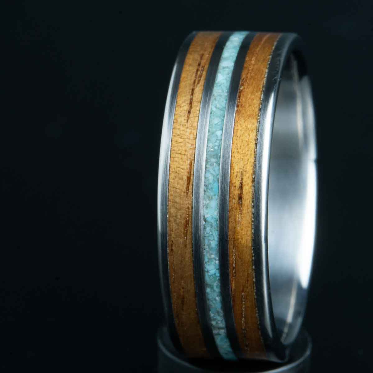 Titanium wedding ring with turquoise and koa wood by Peacefield Titanium