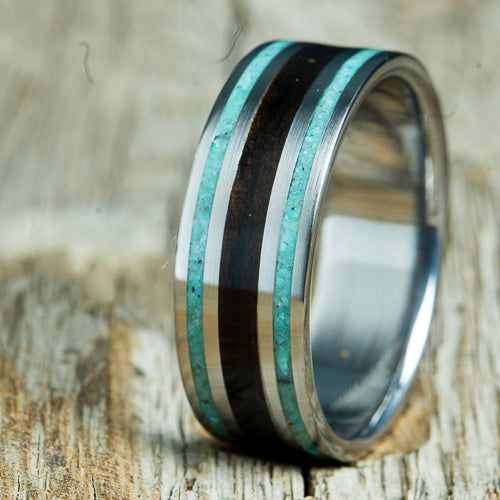 wedding ring with turquoise and ebony wood inlay.