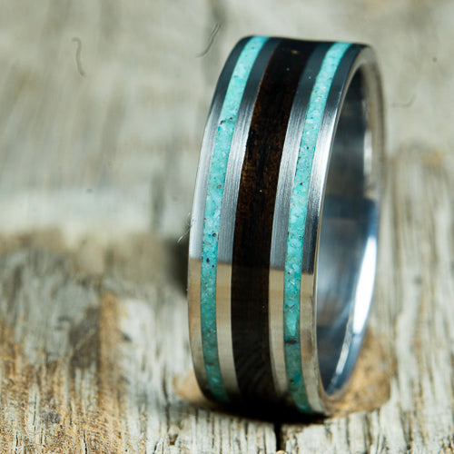 wedding ring with turquoise and ebony wood inlay. 