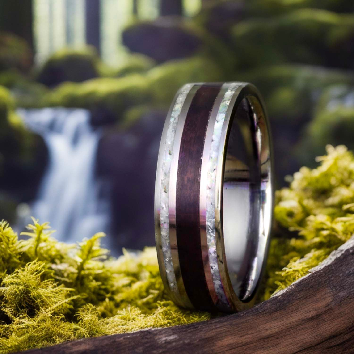 mens titanium ring with ebony wood and mother of pearl inlay