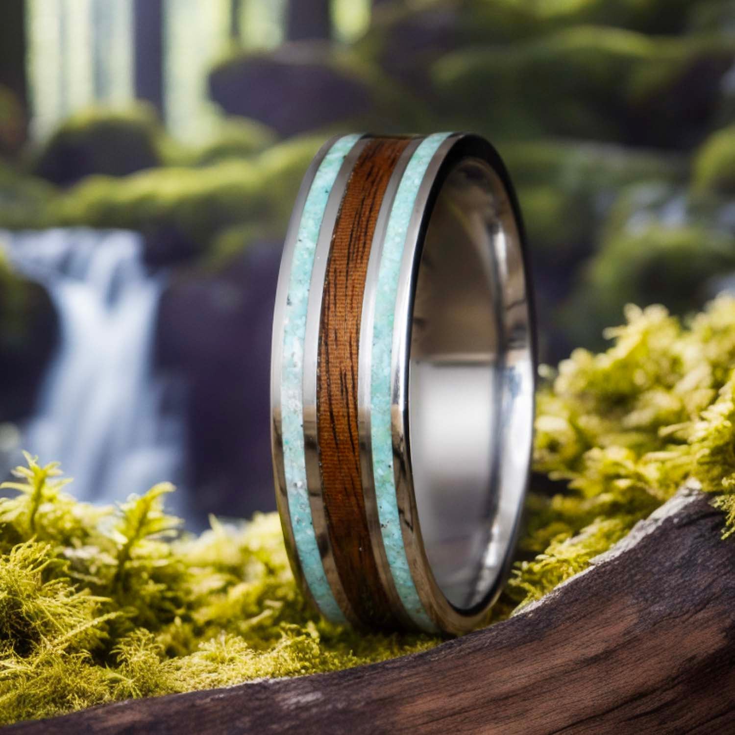 unique mens wedding ring with rosewood and turquoise inlay