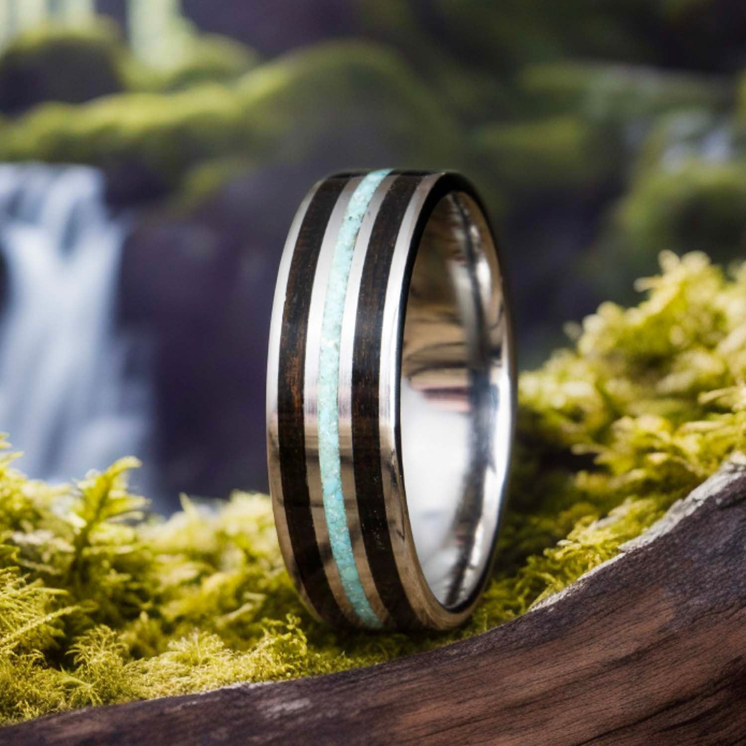 mens ring with ebony wood and turquoise inlay