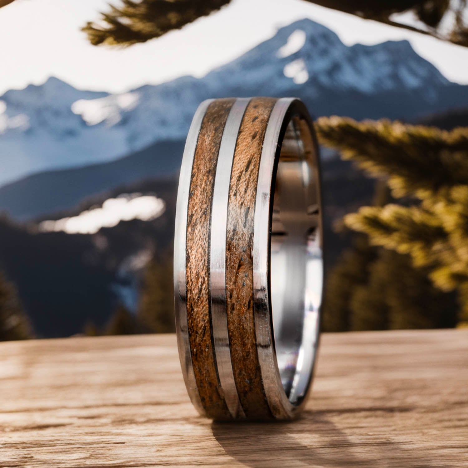 unique mens ring with 2 walnut wood inlays titanium