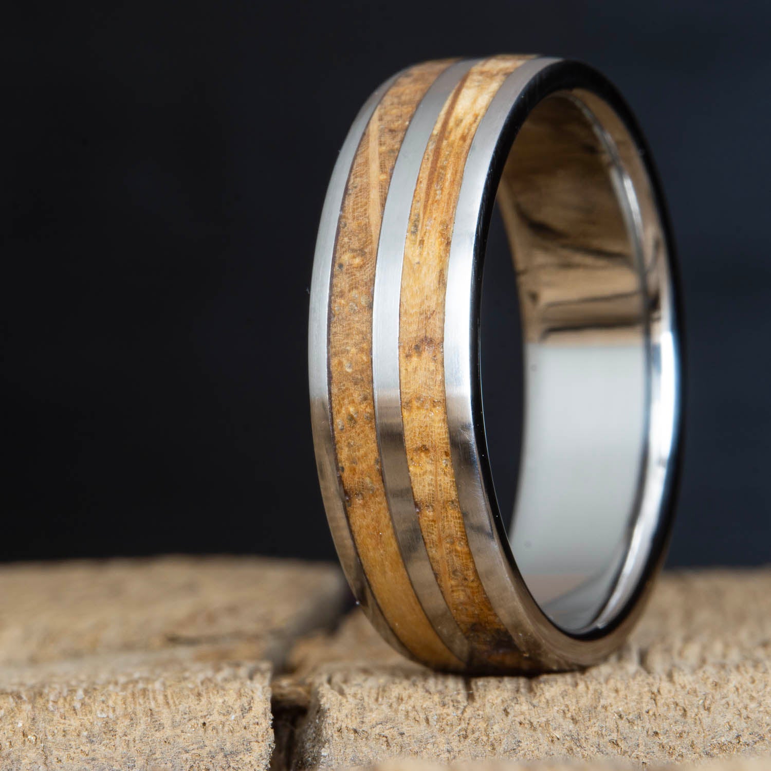 The barrel ring- whiskey barrel wood inlay wedding band