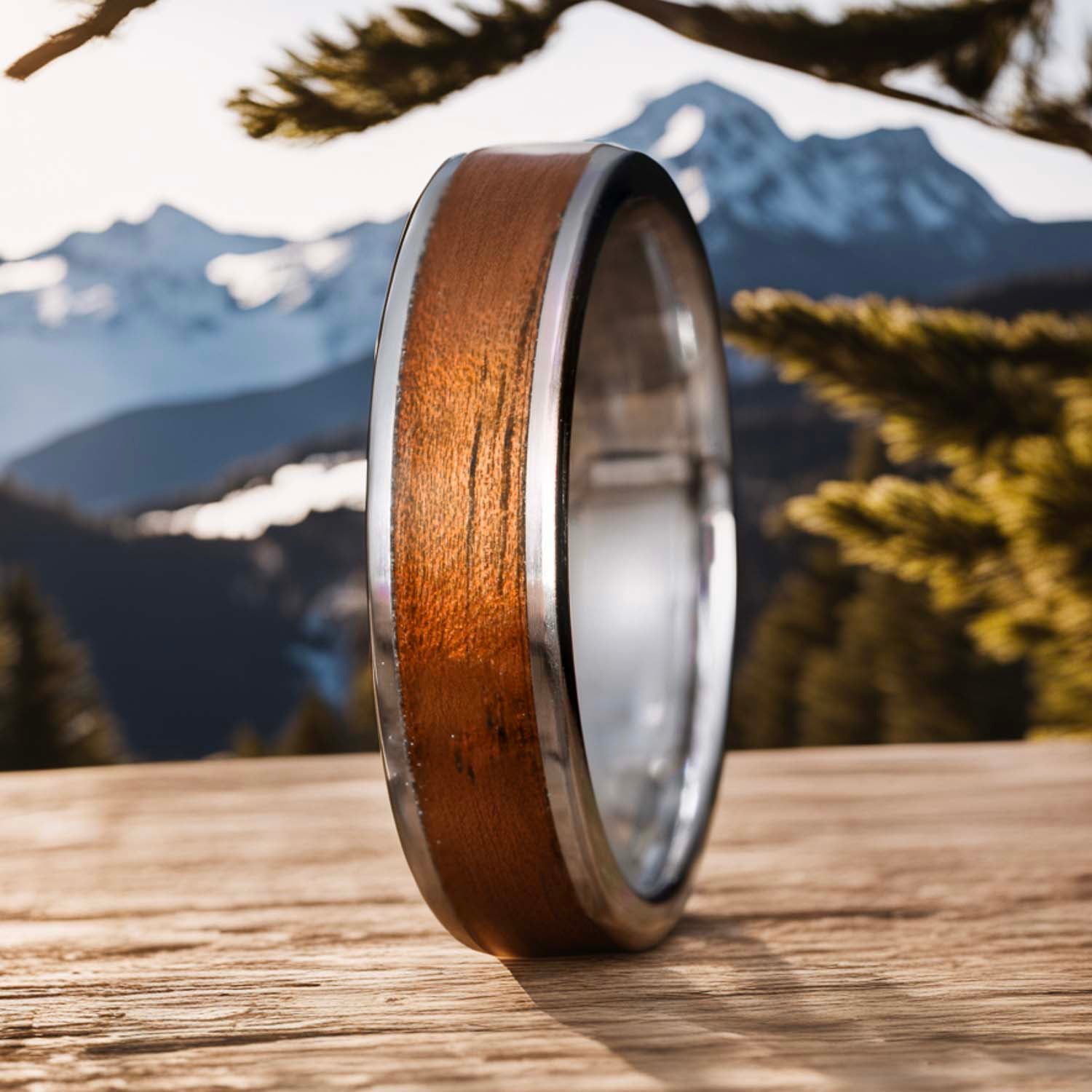 unique mens ring with Koa wood inlay 6mm 
