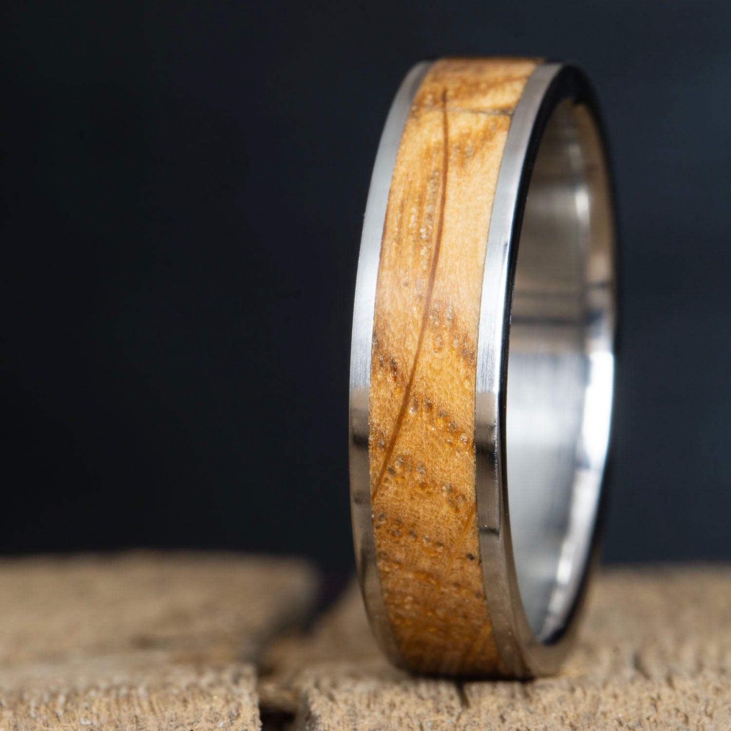 Whiskey barrel inlay titanium ring