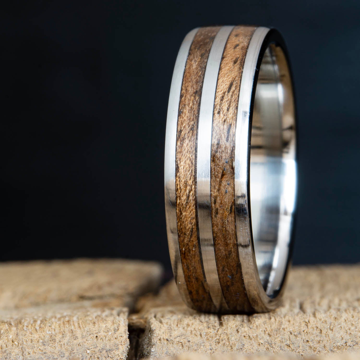 double inlay walnut and titanium ring