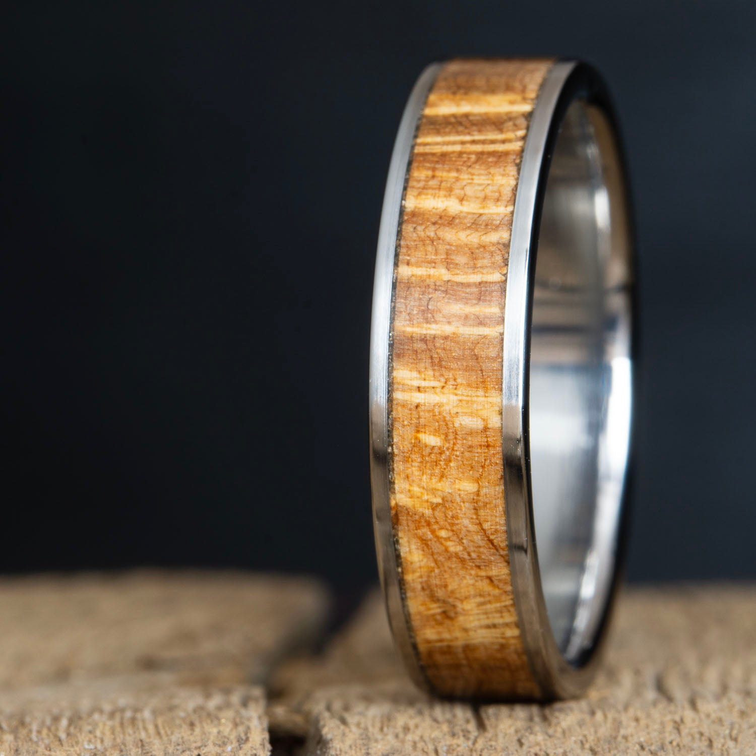 Oak burl inlay titanium ring