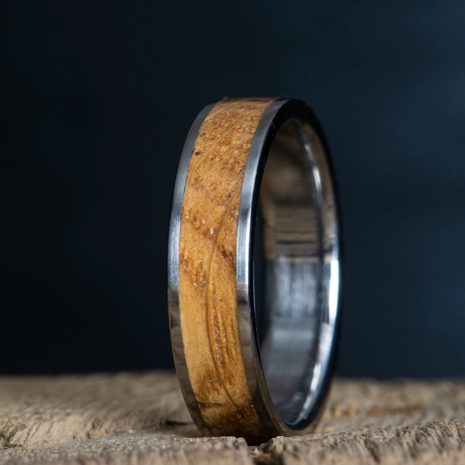 Whiskey barrel inlay titanium ring