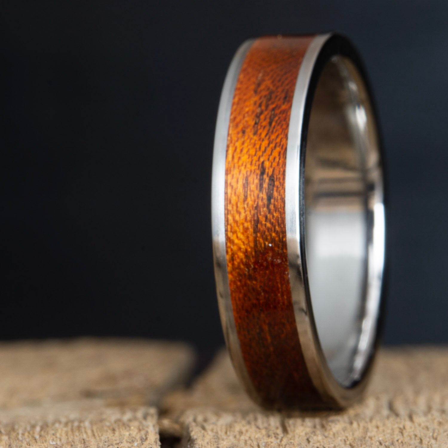 Acacia wood inlay unique mens wedding band