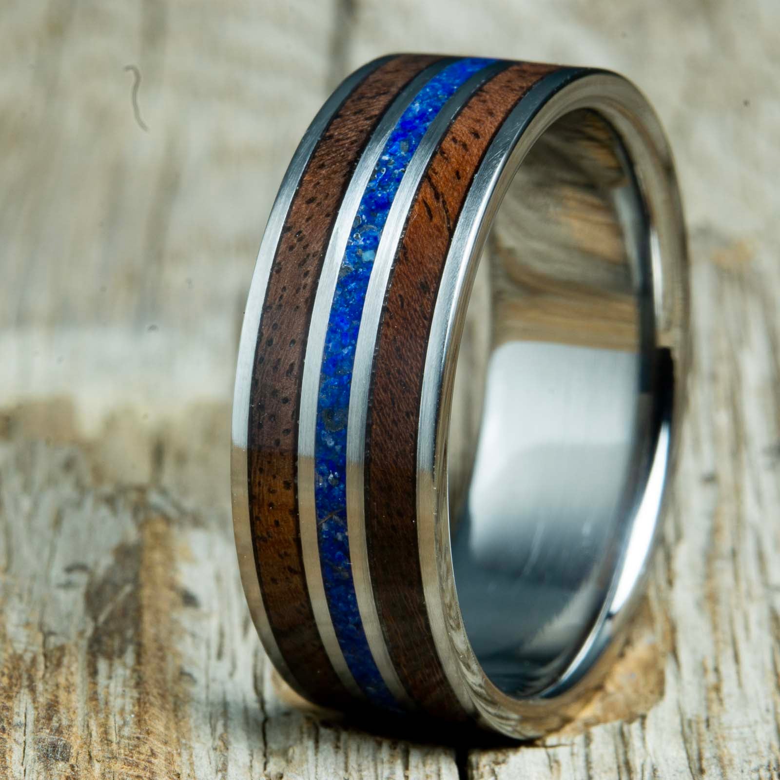 walnut wooden ring with Lapis stone inlay on polished titanium band made by Peacefield Titanium