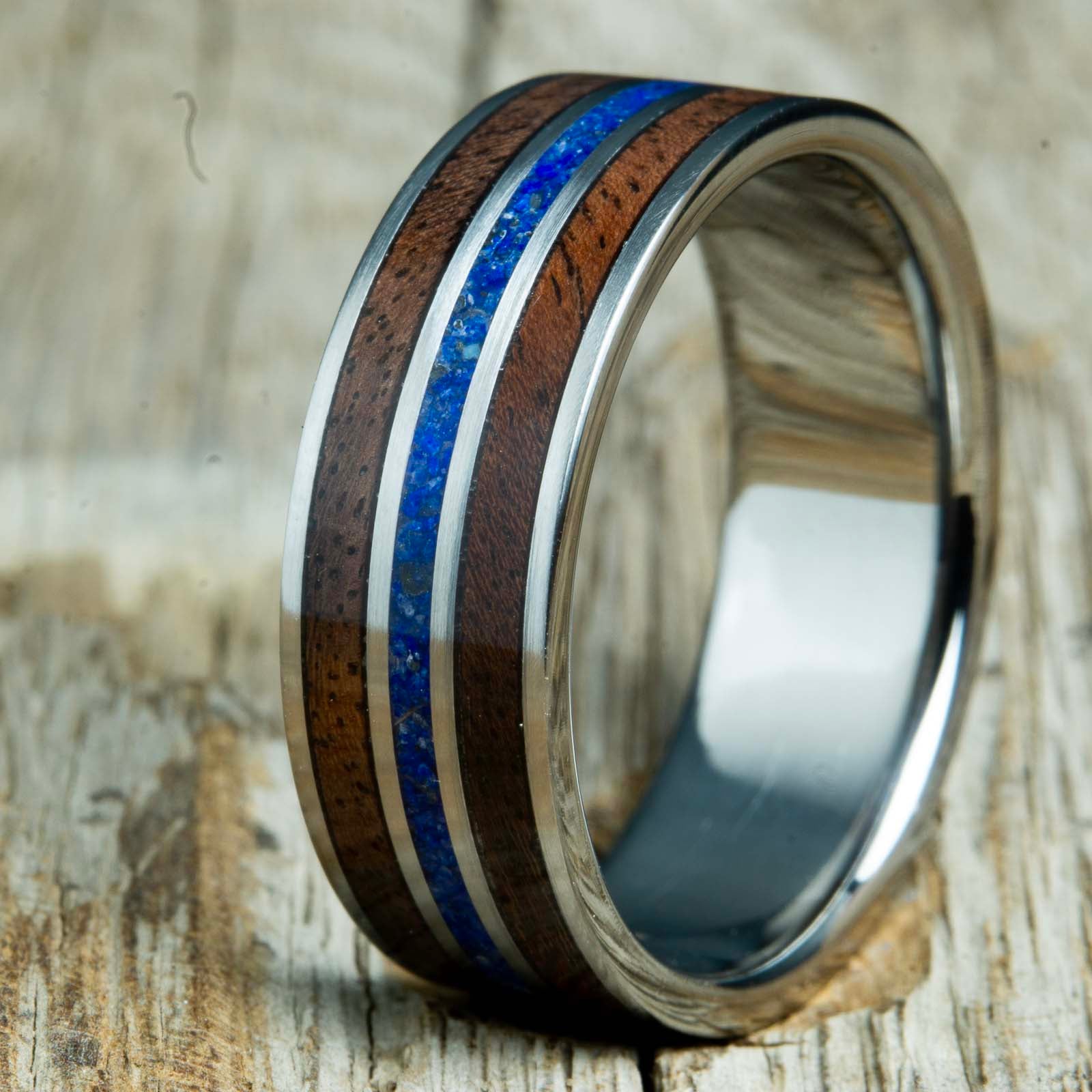 walnut and lapis lazuli stone inlaid on titanium ring