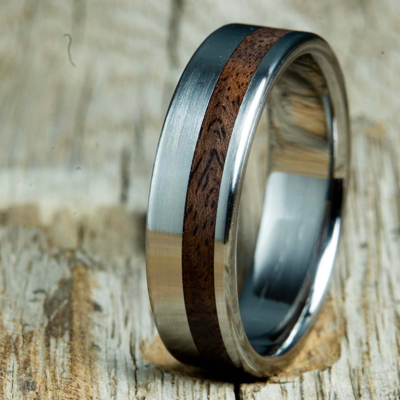 rugged black walnut and titanium ring made for you by Peacefield titanium