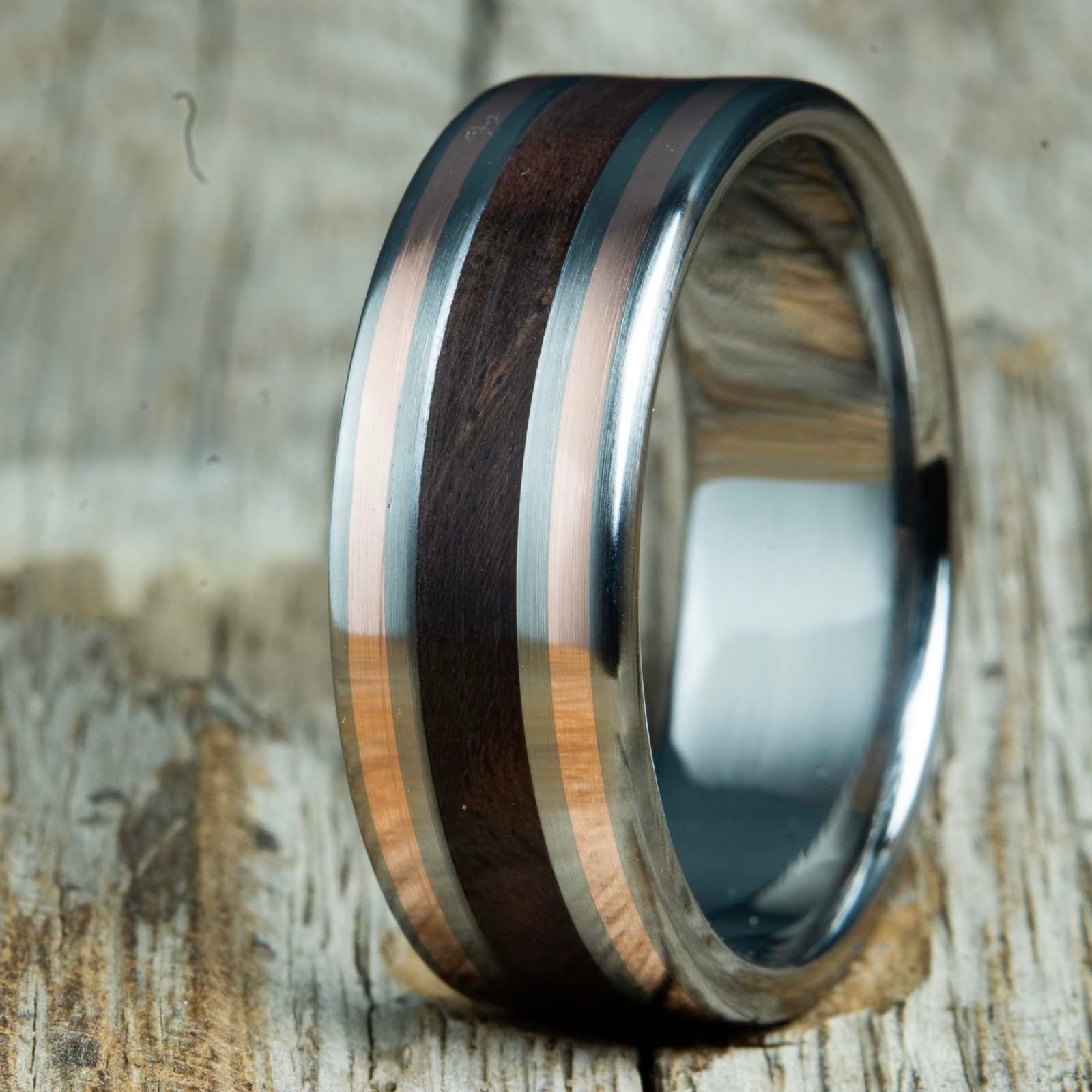 walnut wooden wedding band with copper pinstripes