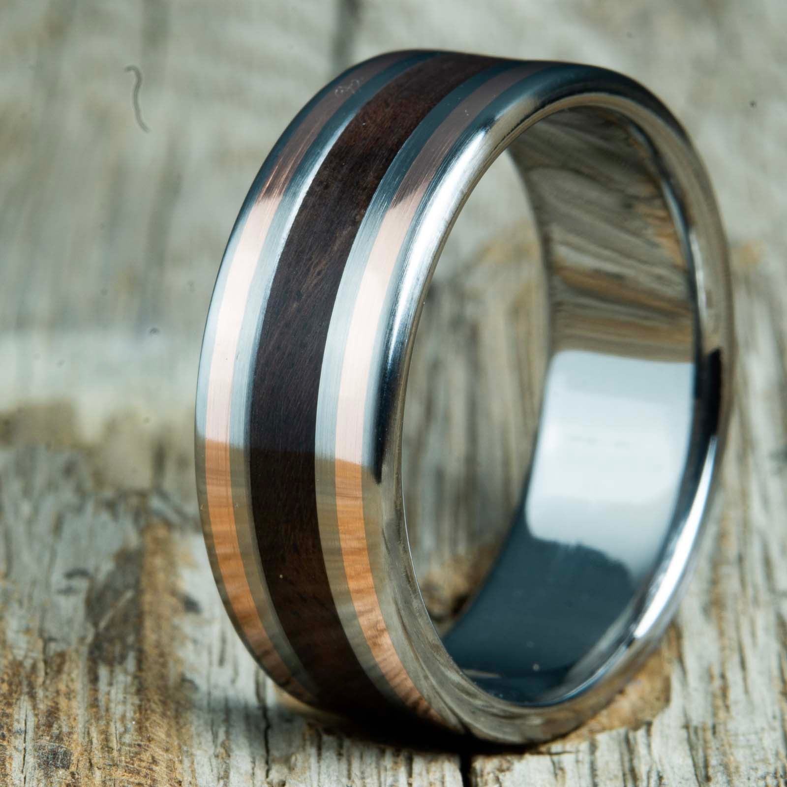 Black walnut wedding band with copper pinstripes