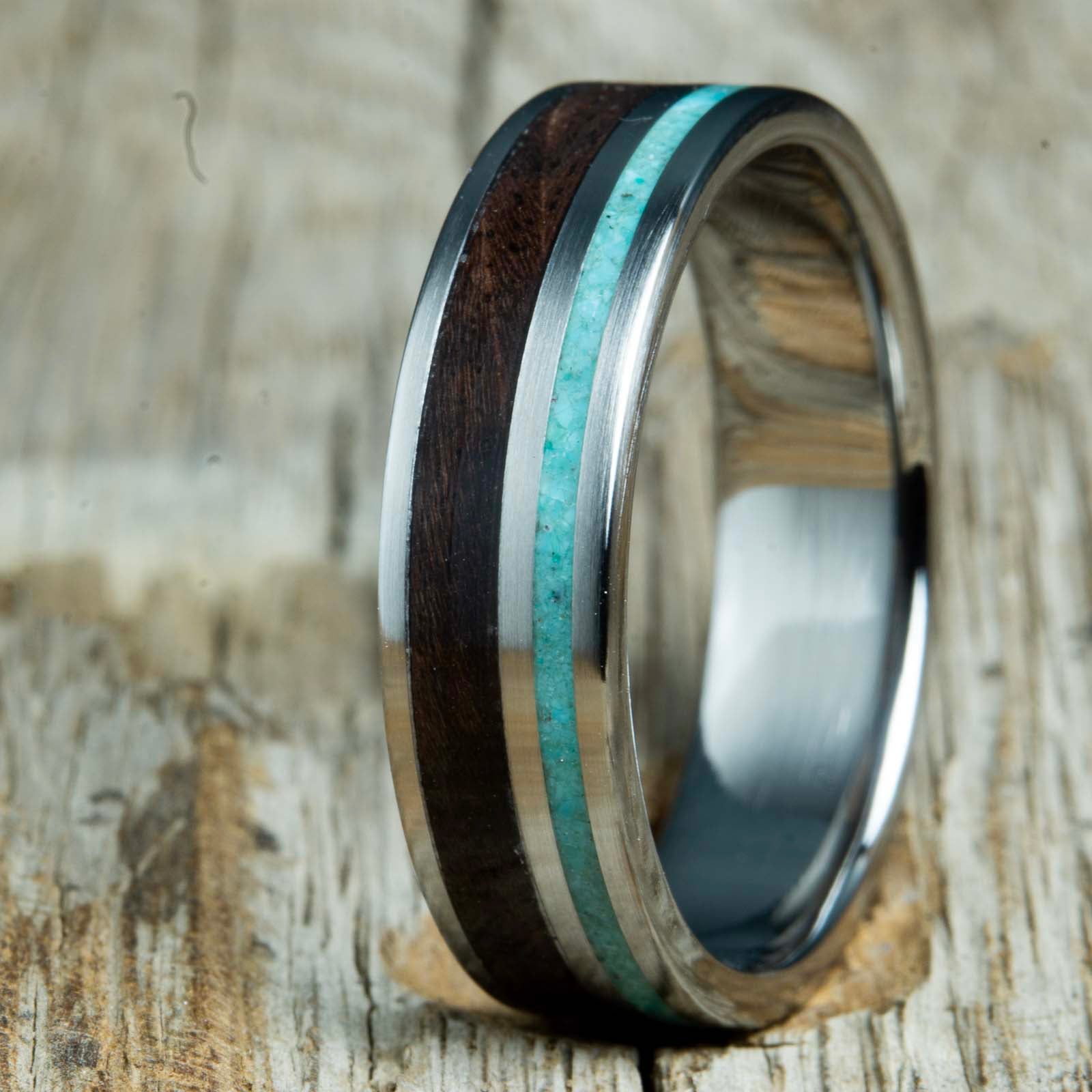 turquoise and Black walnut inlay titanium ring