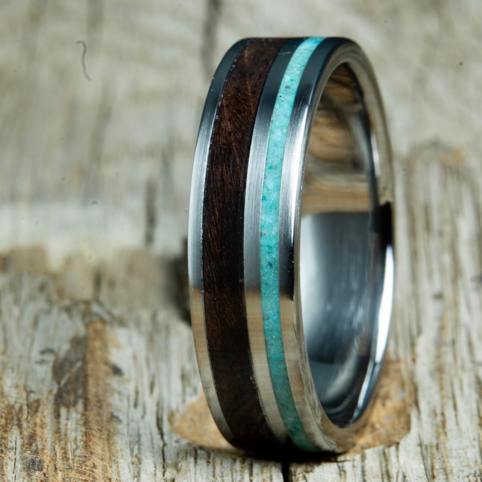 Walnut and turquoise wooden wedding bands