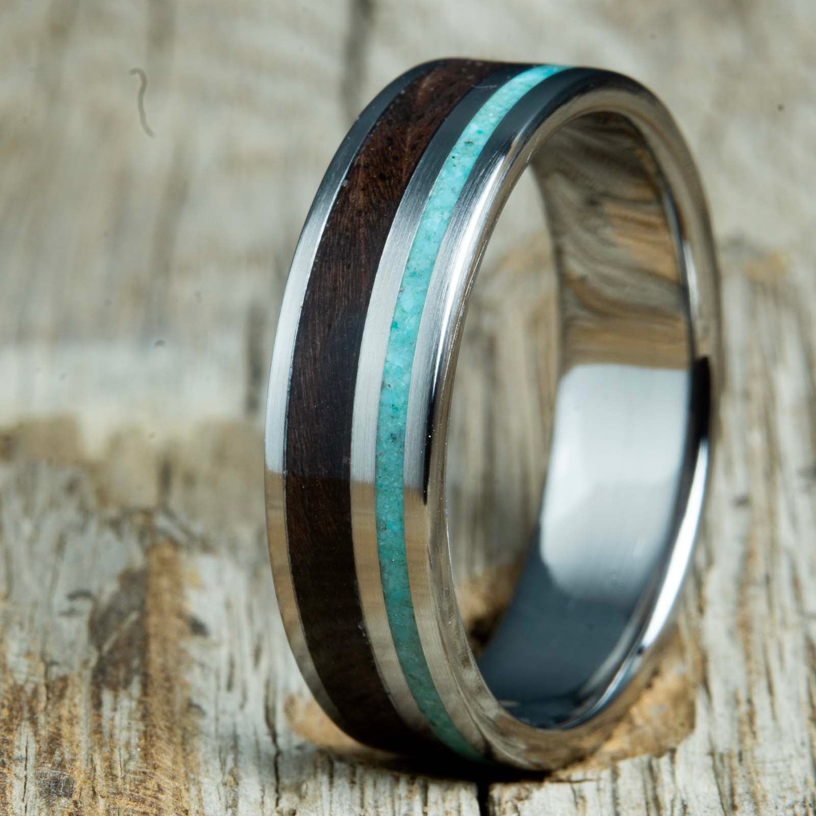 Walnut wood and single turquoise pinstripe inlay on polished titanium comfort fit ring core made by Peacefield Titanium