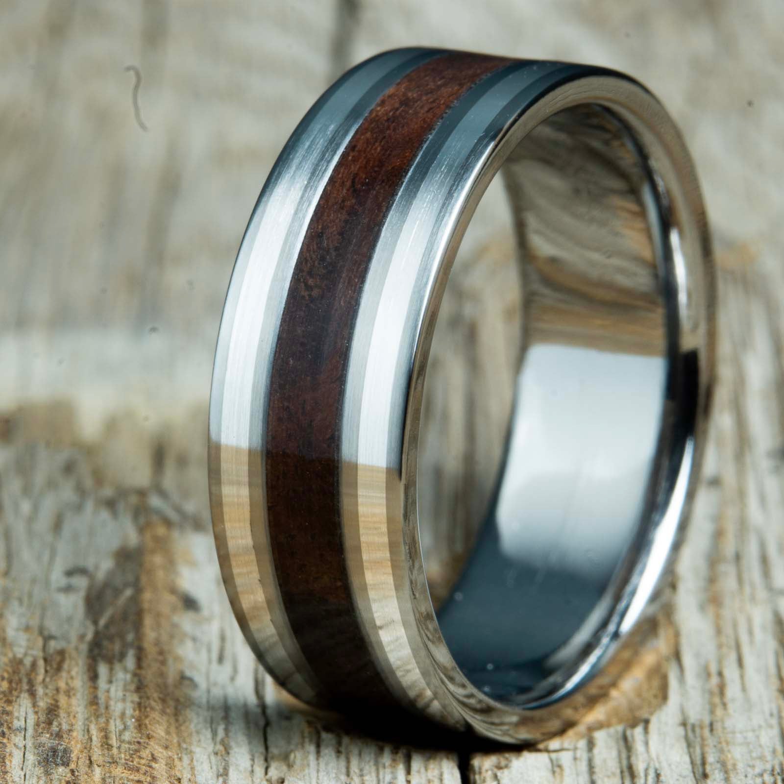 Walnut wood ring with silver pinstripes, custom wood wedding bands with black walnut by Peacefield Titanium wedding rings
