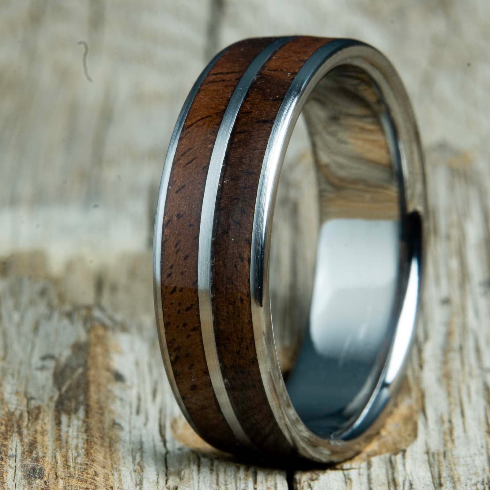 double walnut wood inlay on titanium ring