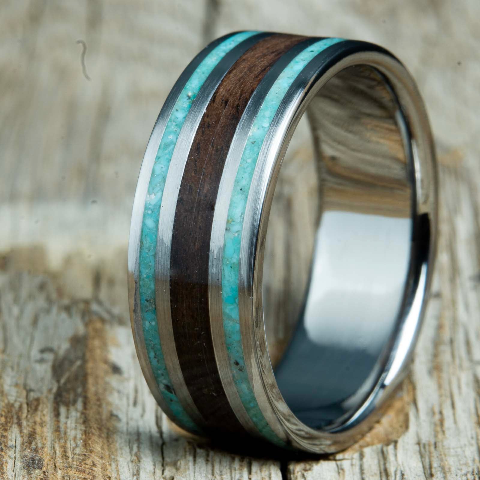 Black Walnut wood wedding ring with turquoise stone