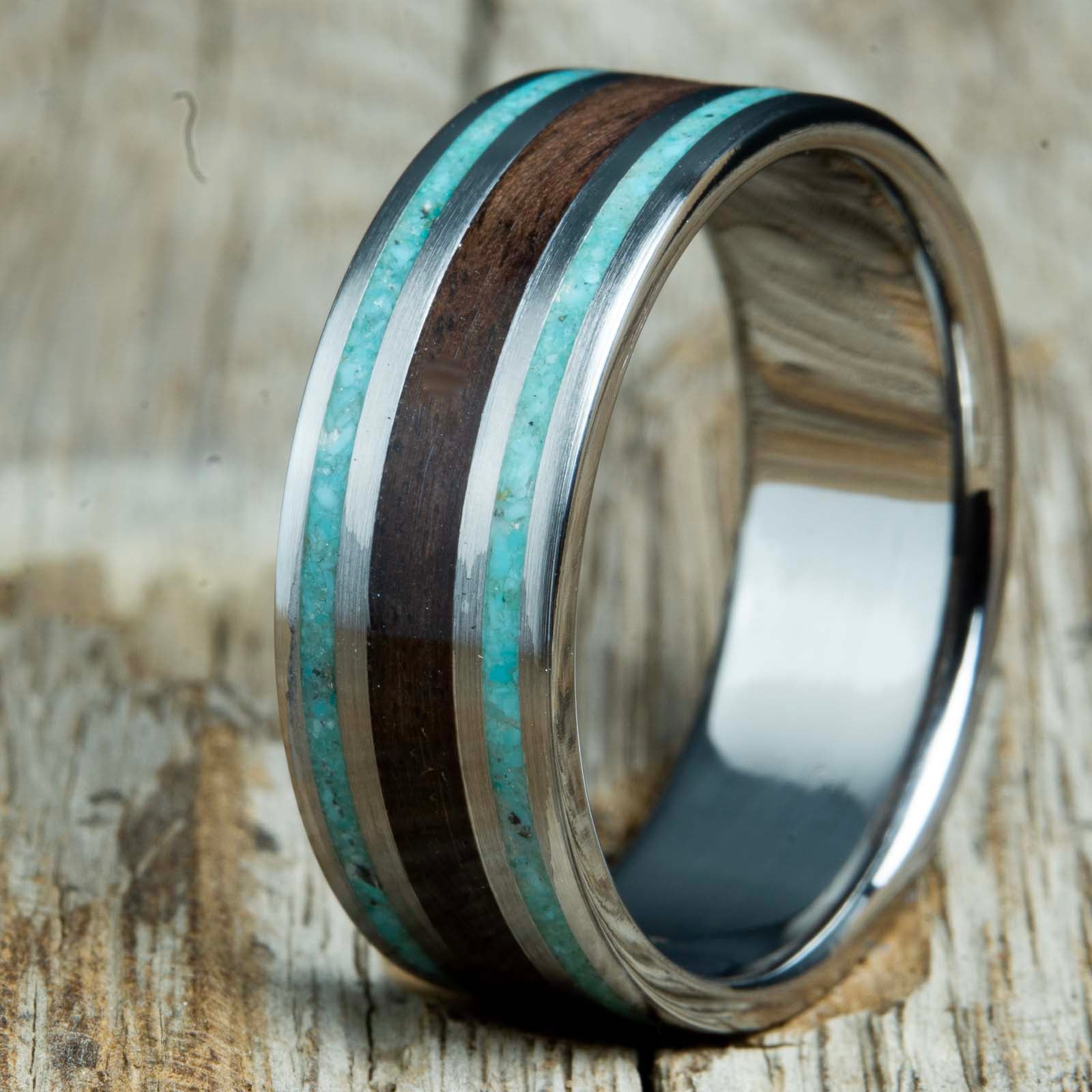 black walnut and turquoise stone inlay ring