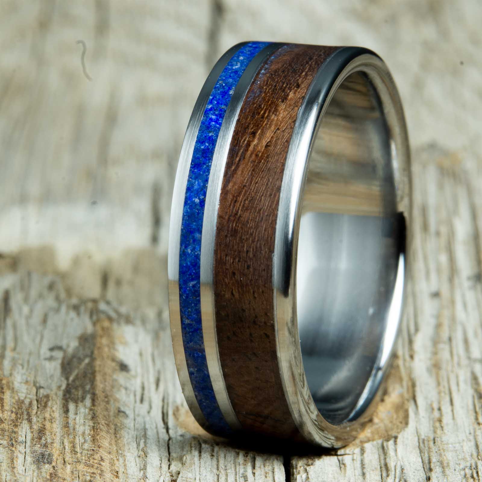 Walnut wood ring with single Lapis lazuli stone inlay