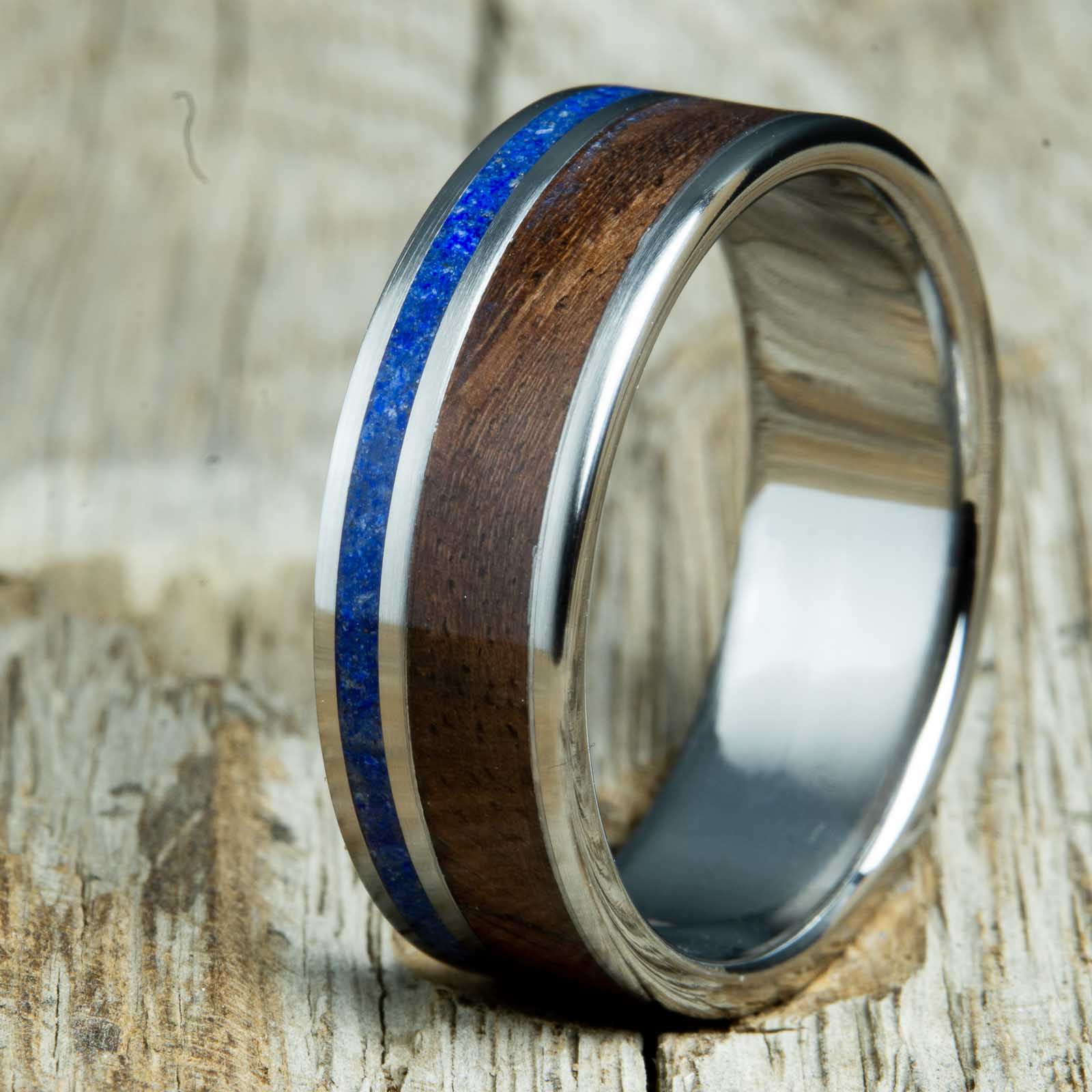 walnut wooden ring with blue lapis stone inlay and titanium