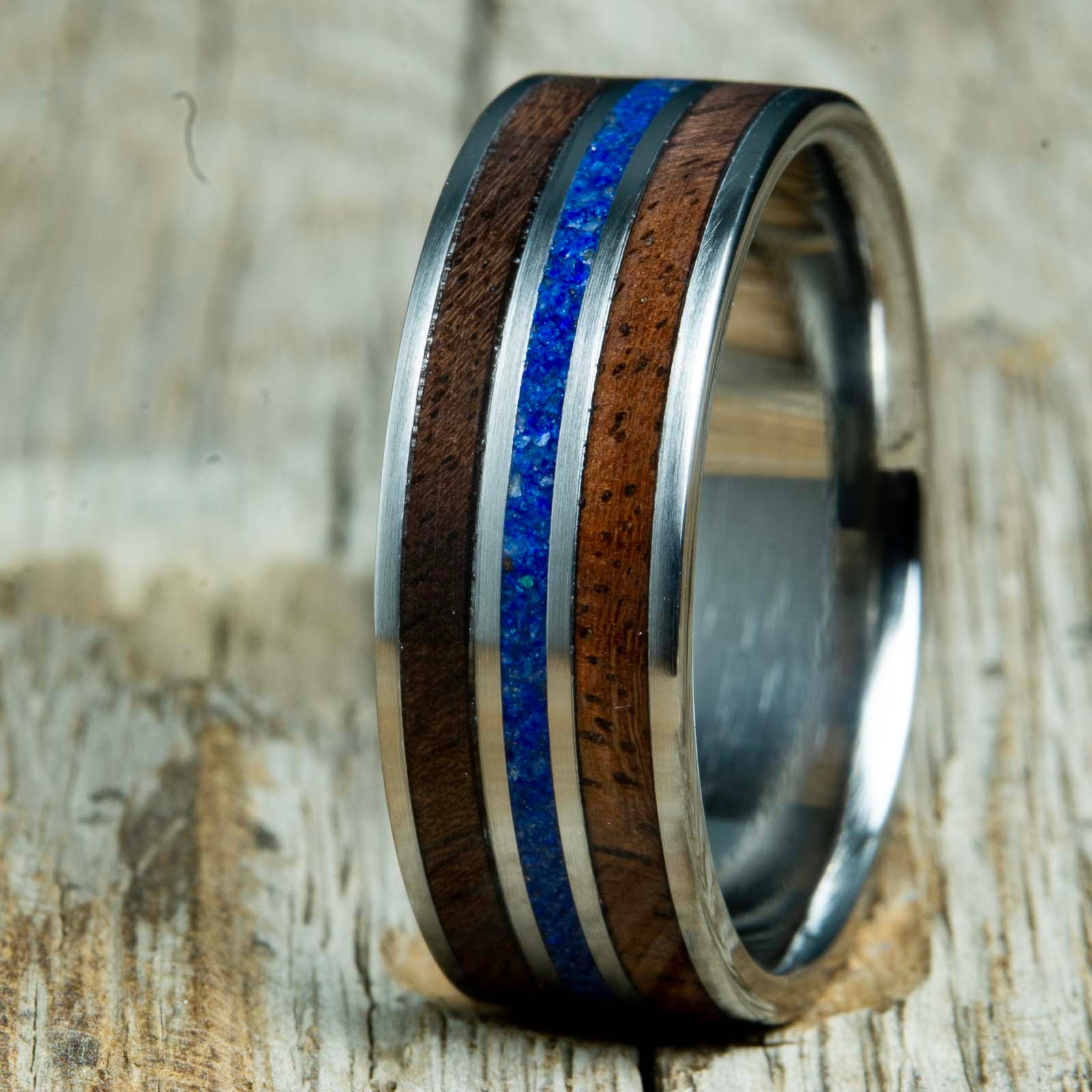 Black Walnut wooden ring with centered lapis stone inlay