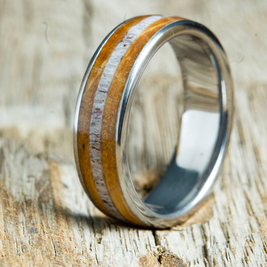 Whiskey and Antlers, Titanium ring with whiskey barrel wood