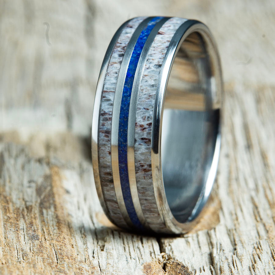 Antler wedding ring with lapis stone